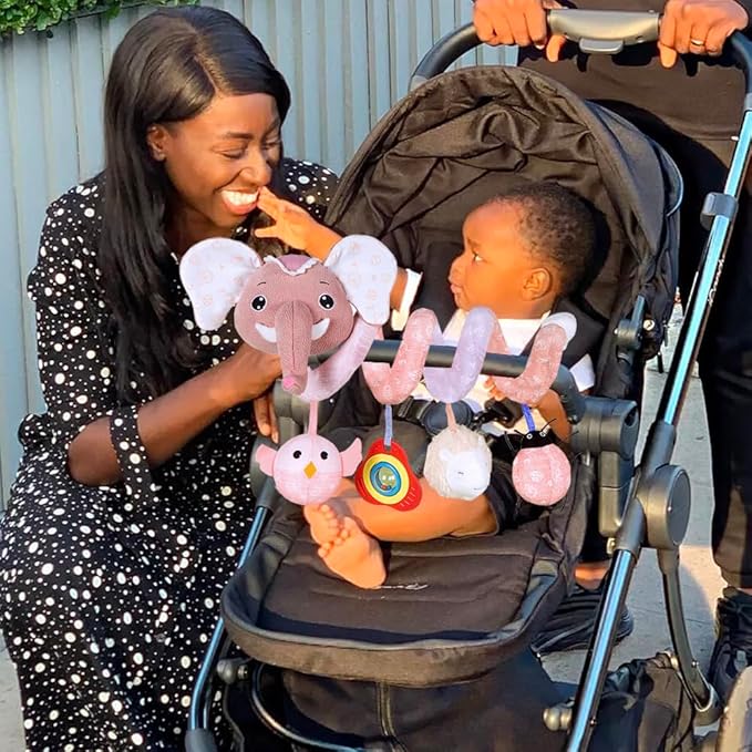 Car Seat Toys, Baby Stroller Toys Infant Spiral Hanging Toys for Crib Bar Bassinet Stroller Car Seat Mobile, Early Development Toys for Newborn Baby Girls 0 3 6 12 Months -Pink Elephant