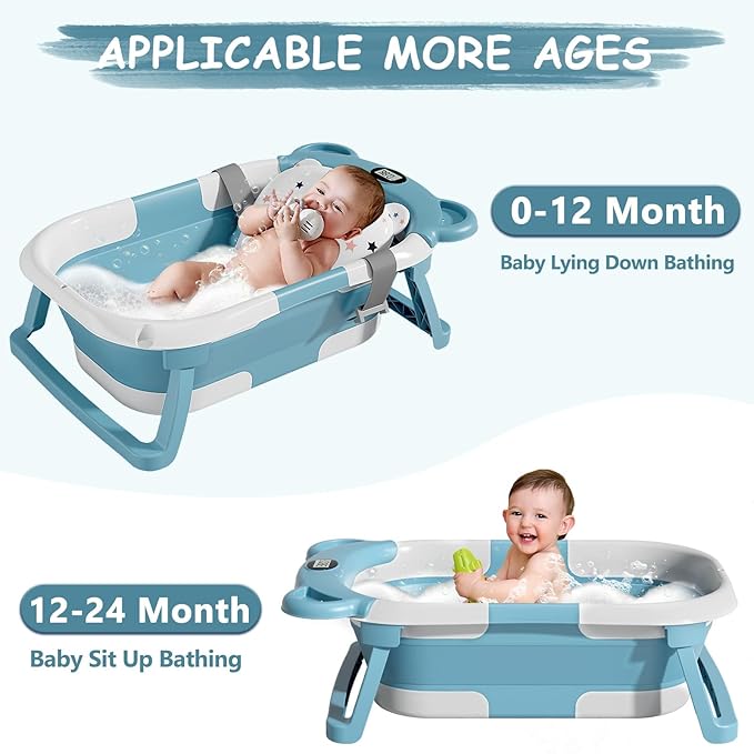 TPN Collapsible Baby Bathtub for Infants to Toddler with Real-time Temp Monitor+Floating Cushion,Foldable Baby Bath Tub Set Applicable 0-36 Month,Perfect Portable Travel Baby Tub for Newborns Boy