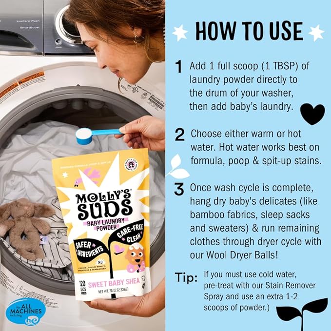 Molly's Suds Baby Laundry Detergent Powder | Removes Formula, Poop & Spit-Up Stains | Extra Gentle for Newborns (Fragrance Free)