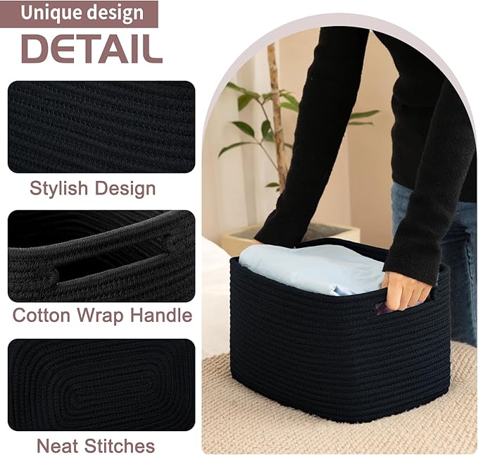 OIAHOMY 4 Pack Storage Baskets for Organizing, Cube Storage Bins for Shelves, Rectangle Storage Baskets With Handles, Woven Baskets for Storage, 12.7''Lx9''Wx7.8''H, Black