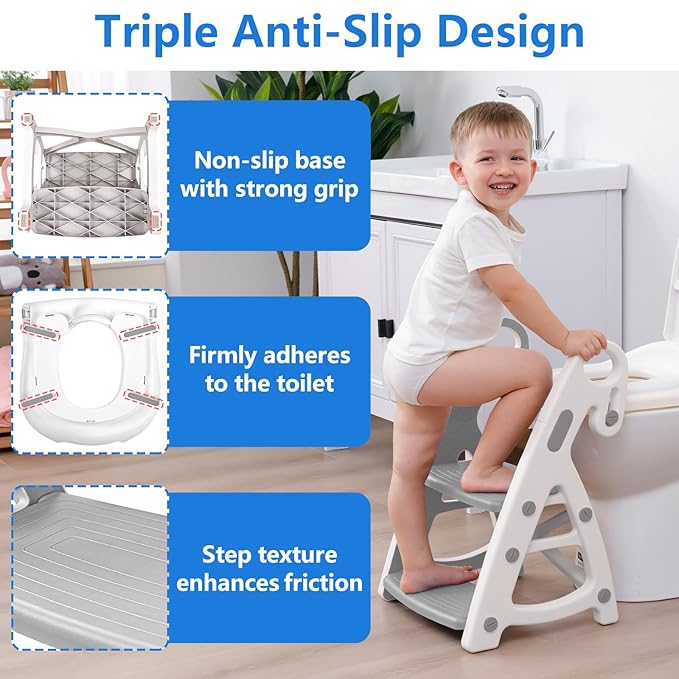Potty Training Seat: 2 in 1 Design Potty Seat for Toilet & Nursery Step Stool for Sink Potty Training Toilet with Height Adjustable Ladder for Kids of All Ages (Gray)