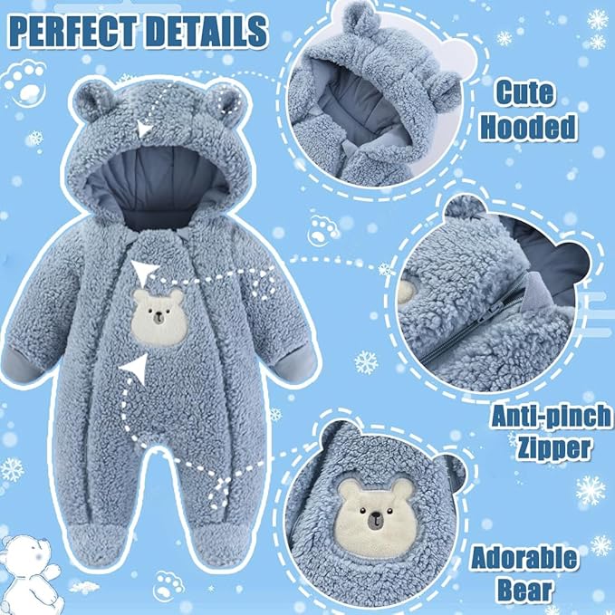 Fairy Baby Newborn Baby Winter Snowsuit Bear Thick Romper Footie Double Zip Hooded Jumpsuit Fleece Coat Infant Boy Girl 0-12M