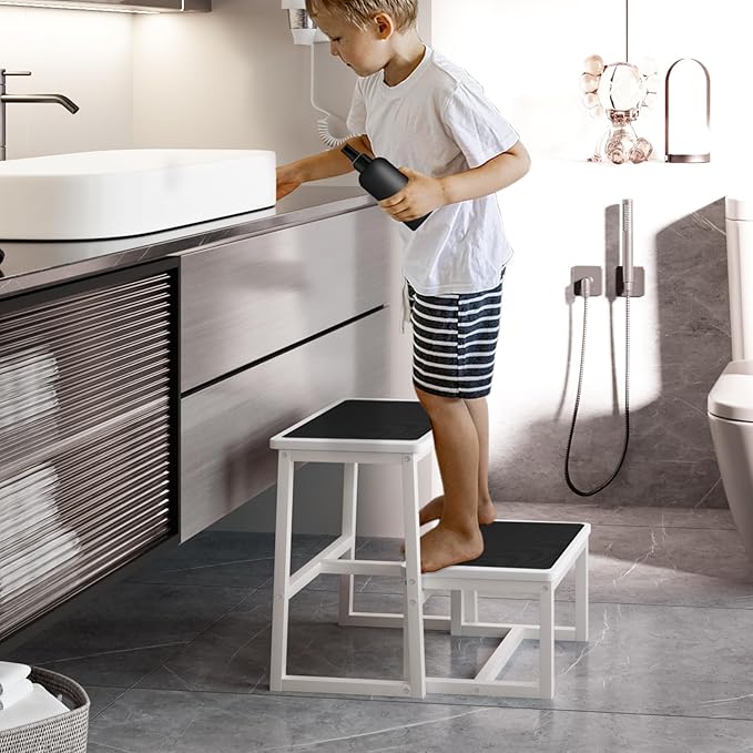 2 Step Stools for Adults Kids, Anti-Slip Sturdy Wooden Foot Stools with 500 Lbs Capacity for High Beds,Closet, Bathroom,Kitchen, Potty Training