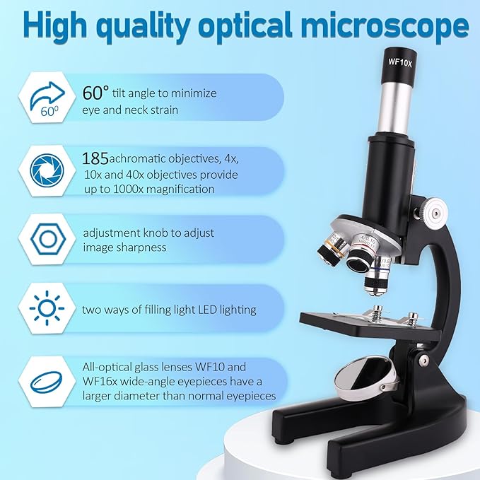 Microscope for Kids 40X-2000X, Microscope for Children 8-12 Years Old with LED Fill Light, Slides and specimens Ideal for School Labs Homeschooling