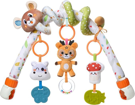 TUMAMA Baby Activity Arch with Bear Spiral Toy, Clips Adjustable and Detachable Sensory Stimulating Hanging Toys Baby Toys 0-3 3-6 Months, Newborn Strollers Bassinets Crib Carseat Toy
