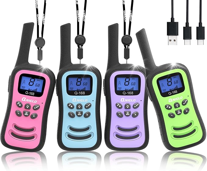 QNIGLO Walkie Talkies for Kids, Rechargeable Walkie Talkies, VOX，2 Way Radios with LED Flashlight, Perfect Outdoor Camping Toys with Lanyard for 3+ Years Old Boys Girls for Hiking Adventures（ 4 Pack）