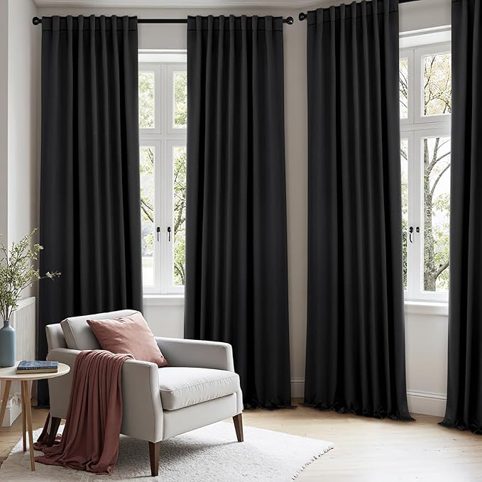 ANRODUO Back Tab Blackout Curtains for Bedroom Living Room, Rod Pocket Pinch Pleated Thermal Insulated Room Darkening Curtains 108 Inches Long 2 Panels, Black, 52 x 108 Inch