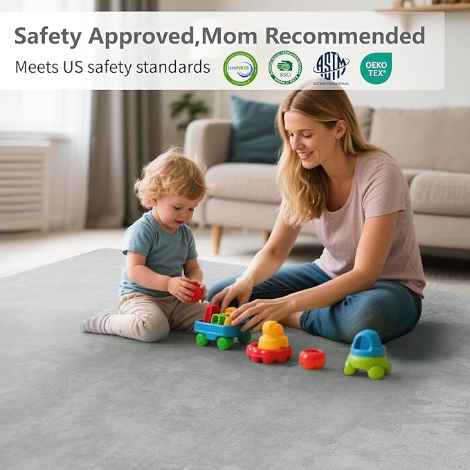 Baby Play Mat for Floor,Extra Large 59"×71" Tummy Time Mat,Thicker Memory Foam Mat for Toddler,Infant,Kid,Water Repellent Ultra Soft Coral Velvet,Non-Slip Backing Safe for Crawling(Light Grey)