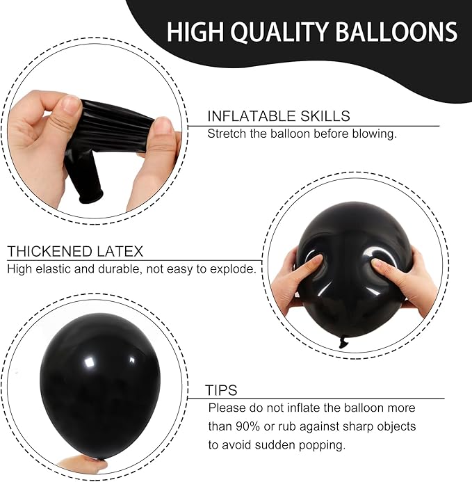 RUBFAC Black Balloons for Balloon Arch 129pcs Different Sizes Pack of 18 12 10 5 Inch Garland Kit, Latex Balloons for Halloween Party Decorations Birthday Wedding Decor
