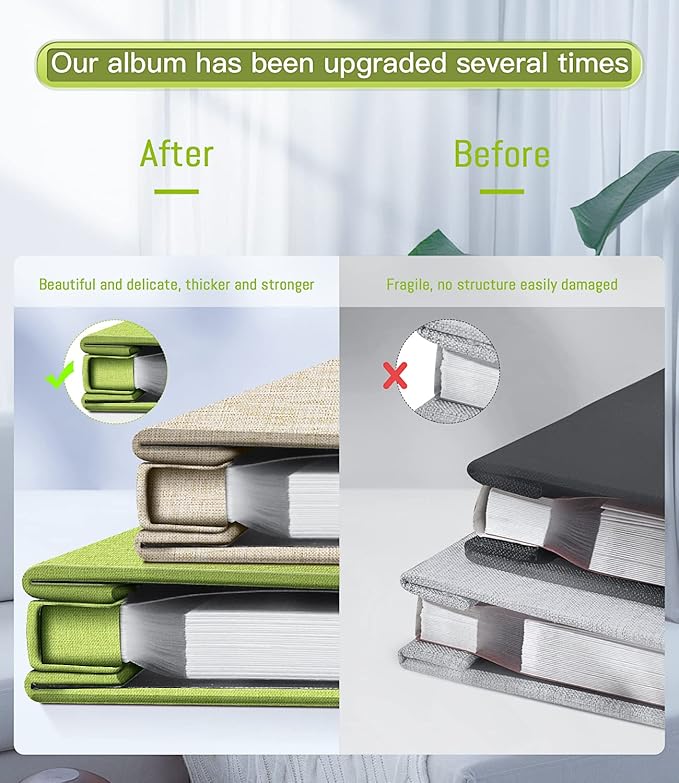 popotop Photo Album Self Adhesive with Picture Display Window,60 Pages DIY Scrapbooking Supplies Kit for 4x6 10x12 Picture,Linen Cover Memory Book for Baby Wedding, with Scraper and Metallic Pen