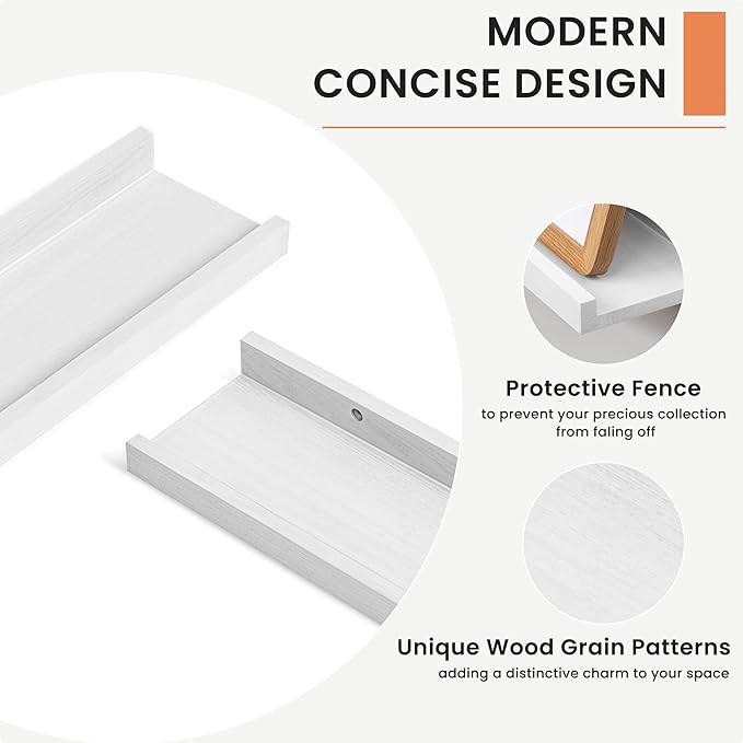 Solid Ash Wood Picture Ledge Shelf, Wood Floating Shelves Set of 2, 48 Inch Long Large Photo Ledge Shelves, Nursery Book Shelves Wall Mounted for Living Room Kids' Bedroom Decor, White