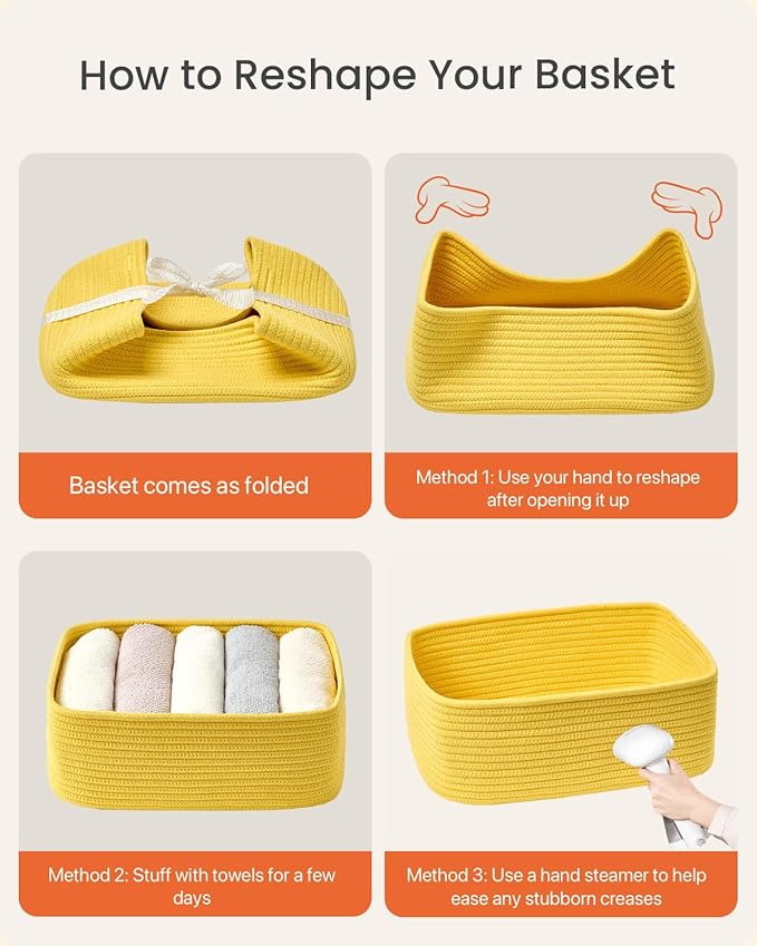 KALLAX Small Woven Basket, 13.5 x 9.5 x 5 Inches, Storage Basket for Organizing, Cute Small Rope Shelf Closet Cube Storage Bins Baskets for Shelves, Dog Toy Gift Baskets Empty, 3 Pack Yellow