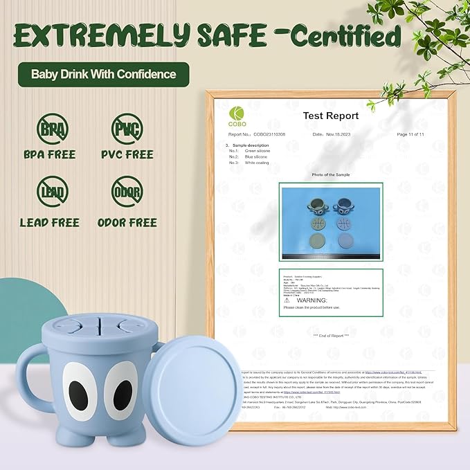 Silicone Snack Cups Food Container for Toddlers and Babies, Spill Proof Training Cup with Snack Cup Lid & Dust Proof Lid, Comes with a toy strap, Without BPA, Lead, or Phthalates（Gray & Beige）