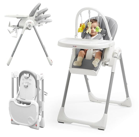 KÜB 3-in-1 Foldable Baby High Chair, 7 Height & 4 Recline Adjustable Seat & Tray for Easy Clean, 2 Locking Wheels, Multifunctional Infant High Chairs for Babies and Toddlers (Grey, with Toys)