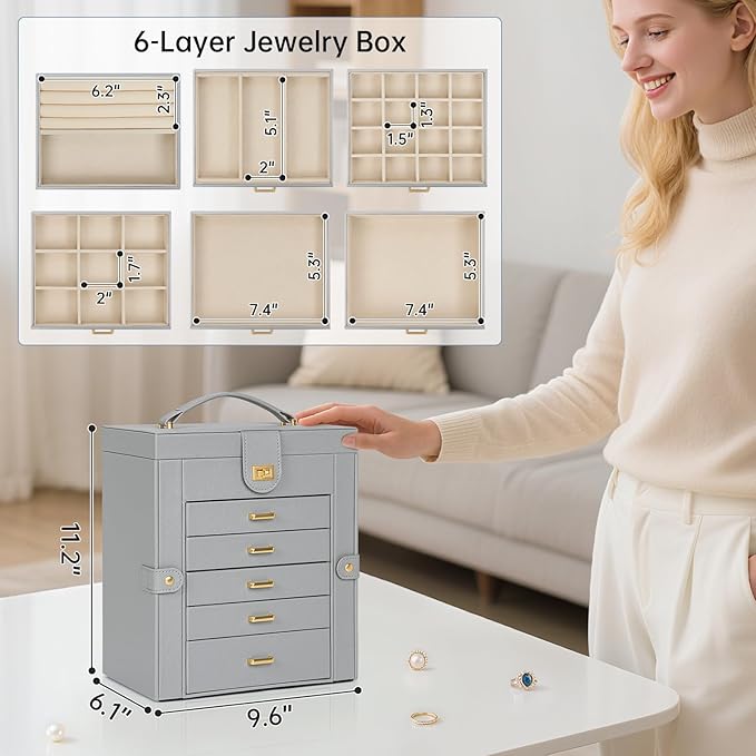 AKOZLIN 6-Tier Jewelry Box Organizer Functional 5 Drawers Leather Jewelry Storage Case for Women Girls Ring Necklace Earring Bracelet Holder Organizer with Mirror Grey