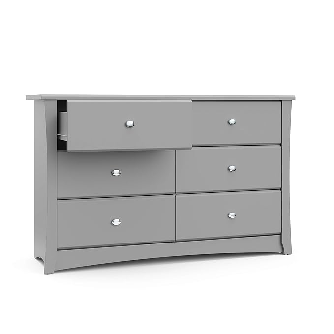 Storkcraft Crescent 6 Drawer Double Dresser (Pebble Gray) – GREENGUARD Gold Certified, Nursery Dresser for Kids Bedroom
