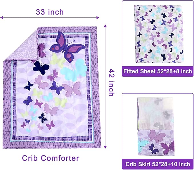 Wowelife Butterfly Crib Bedding Set for Girls 3 Piece Baby Girl Bedding Sets Purple Nursery Crib Sets Newborn, Infant &Toddler Include Quilted Comforter,Crib Skirt and Fitted Sheet, Purple