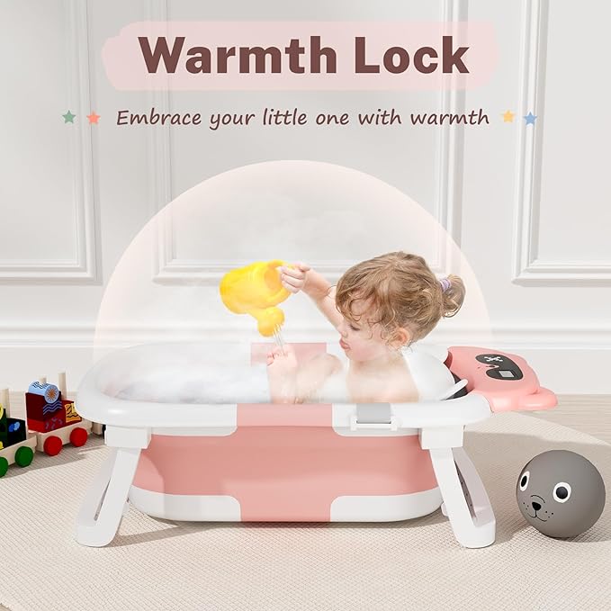 AVIDOR Baby Bathtub,Collapsible Bathtub for Newborn to Toddler,Durable Essential Infant Bath Tub,Portable Travel Baby Tub with Soft Cushion,No-Slip Hanging and Detachable(Pink)