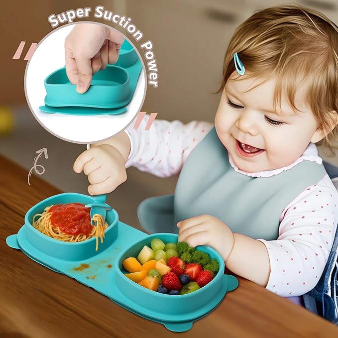 Silicone Foldable Novelty Dinner Plates,Suction Plates for Baby Travel Essential with Forks and Spoons,Microwave & Dishwasher Safe,Aqua