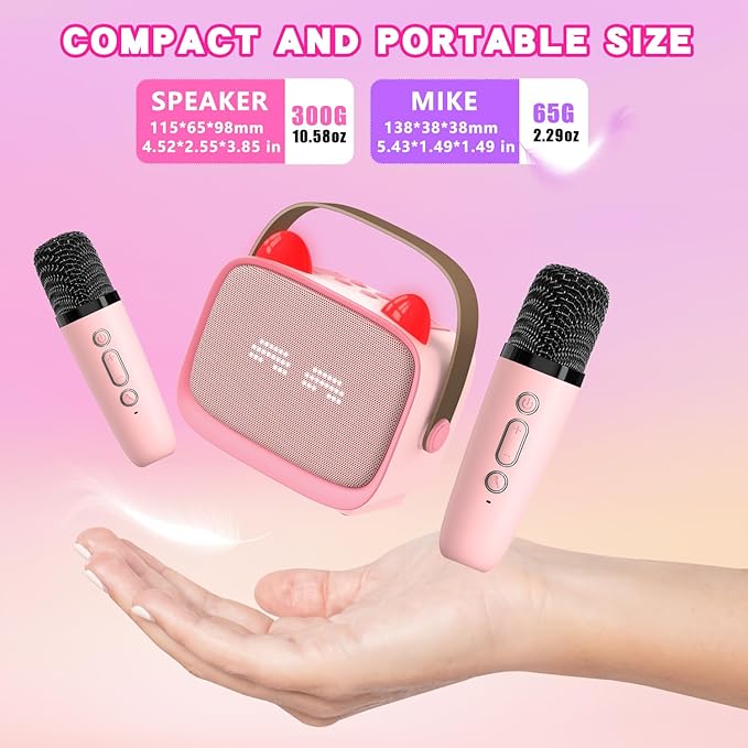 Mgaolo Upgraded Mini Karaoke Machine Toy for Kids, Portable Bluetooth Speaker with 2 Wireless Mics, Emoji & Colorful LED Lights, Home Travel & Party Play Gifts for Boys Girls (Pink)