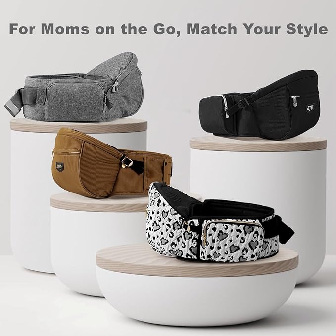 SUNVENO Baby Hip Carrier with Hip Seat, CPC-Certified, Ergonomic Infant Carrier for Newborns & Toddlers up to 45 lbs, Adjustable Waistband, Multiple Pockets, All-Season, Grey,Leopard Print