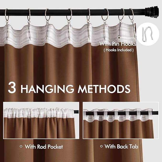 MIULEE Back Tab Blackout Curtains 102 Inch Long 2 Panels Set for Living Room Bedroom, Rod Pocket/Pinch Pleated Thermal Insulated Room Darkening Light Blocking Floor to Ceiling Drapes, Cappuccino Brown