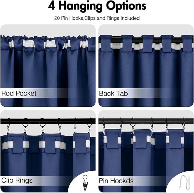 ANRODUO Back Tab Blackout Curtains for Bedroom Living Room, Rod Pocket Pinch Pleated Thermal Insulated Room Darkening Curtains 63 Inches Long 2 Panels, Navy Blue, 42 x 63 Inch