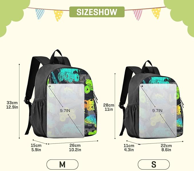 Colorful Monster Truck Toddler Backpack Waterproof Mini Backpack Boys/Girls Cute Small Kindergarten Pre School Bag