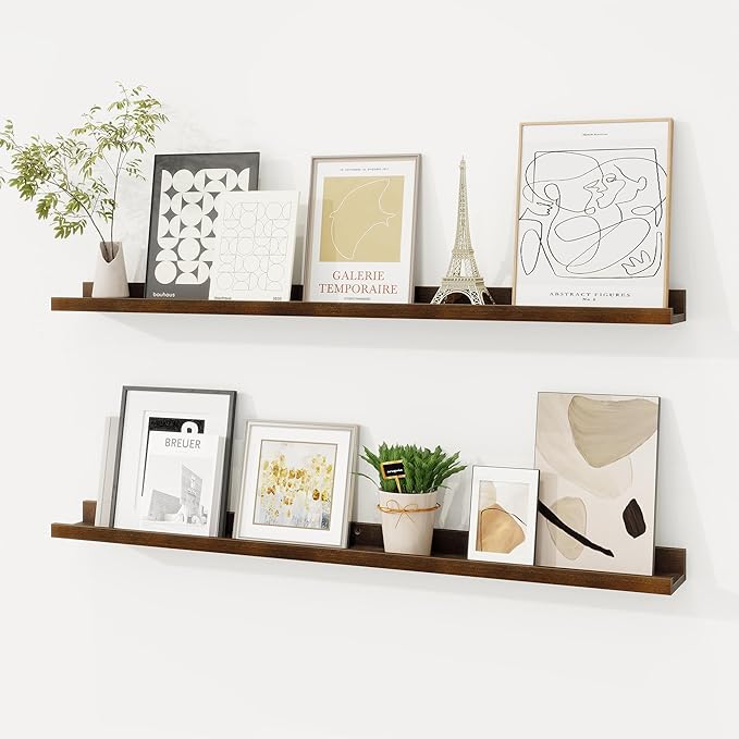 Picture Ledge Shelf, Solid Pine Wood Floating Shelves Set of 2, 36 Inches Nursery Book Shelves for Toys Storage, Kids Bookshelf Wall Mounted for Living Room Bedroom Decor Books Photo Frames, Walnut