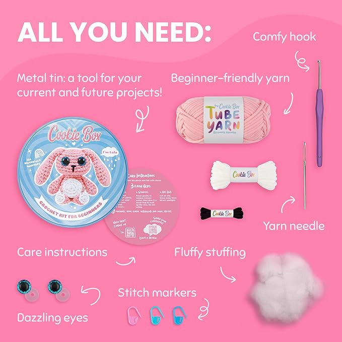 Cookie Box Crochet Kit for Beginners - Learn to Craft Amigurumi Stuffed Animals - Knitting Gift for Kids and Adults - Beginner-Friendly Yarn - Stitch-by-Stitch Video Tutorial - Bunny Lola