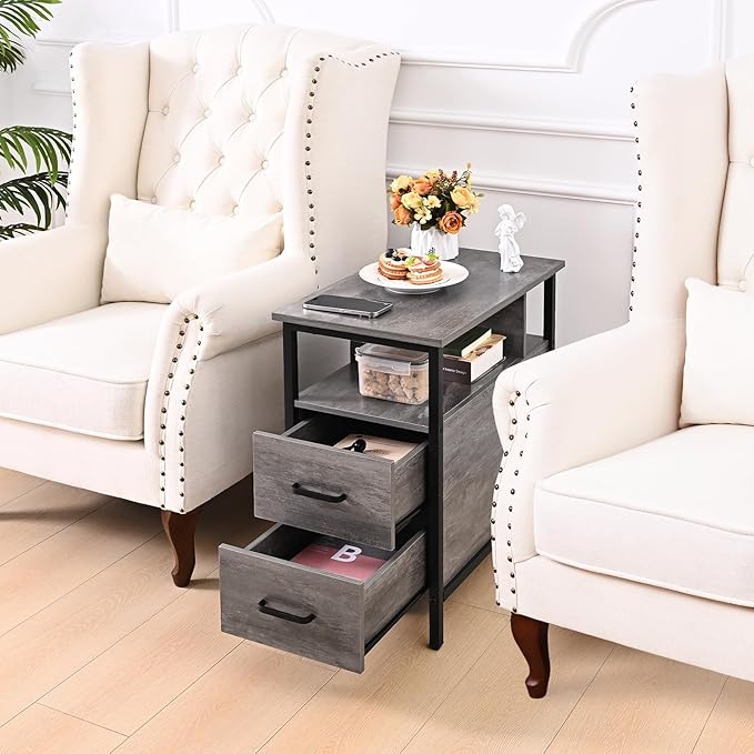 Side Table, Gray End Tables with Charging Station, Narrow End Table with Wooden Drawers, USB Ports and Power Outlets, Nightstand and Bedside Table, Side Table Living Room, Bedroom