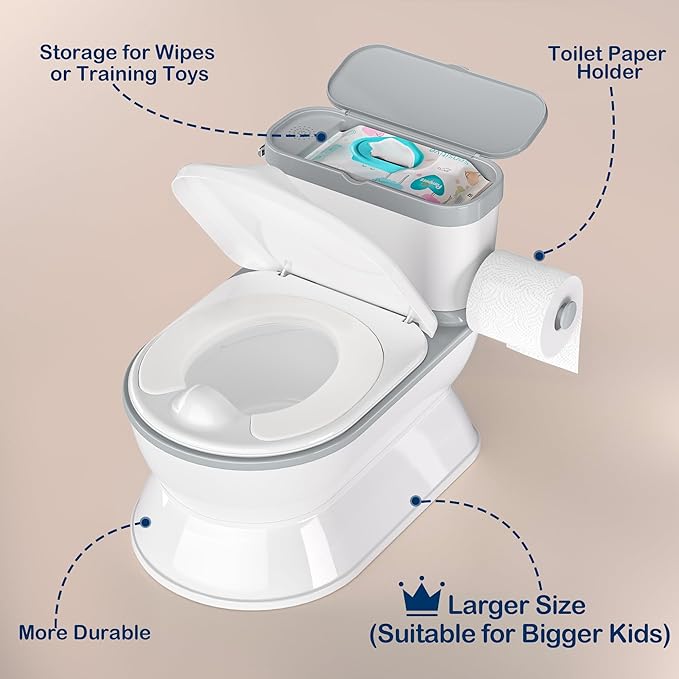2-in-1 Toddler Potty Training Toilet - Larger Potty Chair & Detachable Training Seat for Boys & Girls Ages 1-3 with Flushing Sound, Wipes Storage, Toilet Paper Holder - Grey