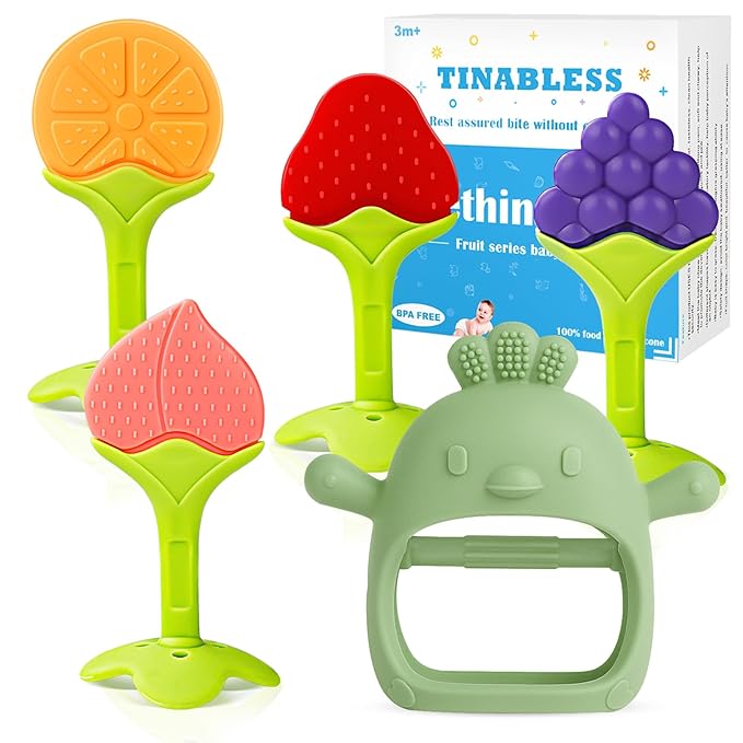 Baby Teething Toys for 0-6 6-12 Months (5 Pack) - Tinabless Food Grade Silicone Teething Mitten&Teething Relief Toys Set, BPA-Free, Freezer Safe for Infants and Toddlers, Silicone Baby Teethers(Green)