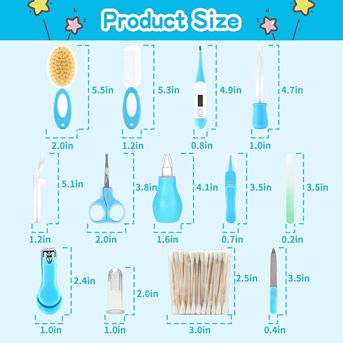 Baby Grooming Kit，Infant Safety Care Setwith Hair Brush Comb Nail Clipper Nasal Aspirator, Baby Essentials Kit for Newborn Girls Boys (14 PC-Blue Kit)