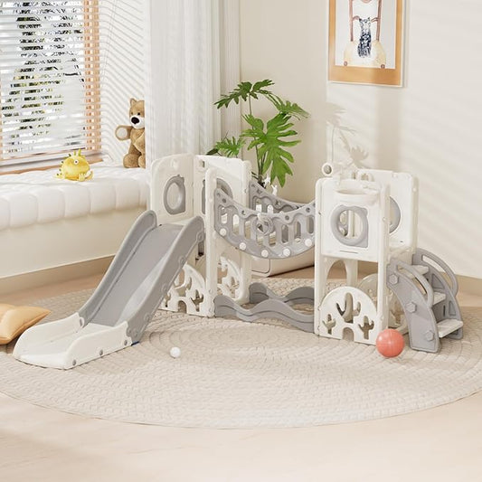 KORIMEFA 10 in 1 Toddler Slide Set, Kids Slide for Toddlers, Outdoor Indoor Playground for Toddlers 1-3, Toddler PlaySet with Basketball Hoop and Ball Golf Set, Climbing Arch(Grey)