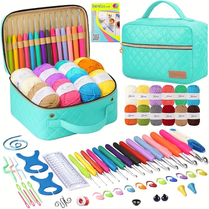 Yarniss Crochet Kits for Beginner, All-Inclusive Crochet Kit for Adults with 14 Size Ergonomic Crochet Hooks,12 Crochet Yarns Balls & Crochet Bag