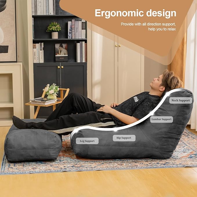 Bean Bag Chair with Ottoman, Comfy Bean Bag Sofa with Memory Foam, Lazy BeanBag Sofa with Footstool, Fireside Bean Bag Couch for Living Room, Bedroom, Apartment