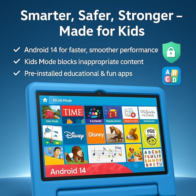 10.1" Kids Tablet Android 14 | 64GB Octa-Core 8GB RAM | Shockproof Case & Parental Control | 12H Fast Charge | HD Display w/Google Kids Space & Educational Apps | WiFi 6/Bluetooth/GPS | Ages 3-12