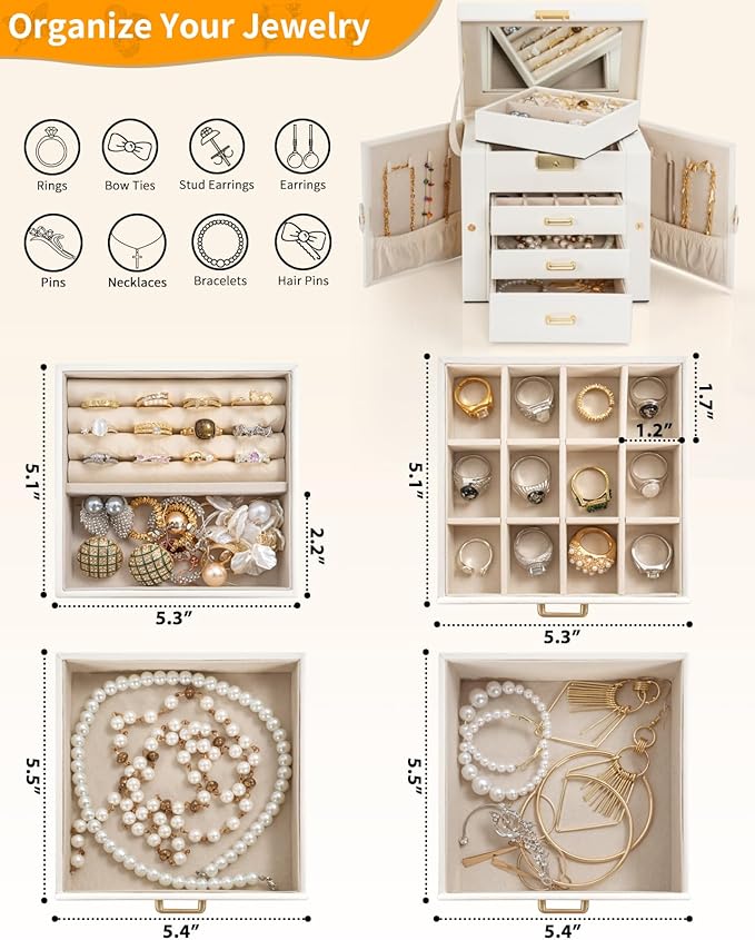 AKOZLIN 4-Tier Jewelry Box Leather Jewelry Storage Organizer with 3 Drawers Lockable for Women Girls Ring Necklace Earring Bracelet Holder with Mirror White