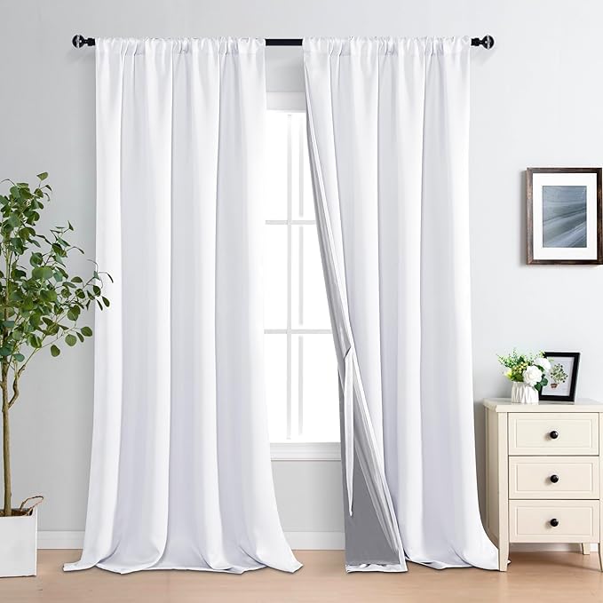 XWZO White 100% Blackout Curtains - Heat and Full Light Blocking Drapes with Black Liner for Bedroom/Laundry Room, Rod Pocket Extra Large Window Panels with Tiebacks, White, W52 x L108, Set of 2