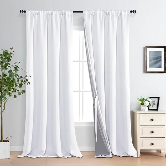 XWZO White 100% Blackout Curtains - Heat and Full Light Blocking Drapes with Black Liner for Bedroom/Laundry Room, Rod Pocket Extra Large Window Panels with Tiebacks, White, W52 x L108, Set of 2