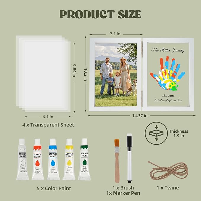 Family Handprint Kit, DIY Baby Hand and Footprint Handmade Keepsake Wooden Frame, Family Gifts with 5 Non-Toxic Baby-Safe Paint, Ideas Gift for New Parents, Grandparents, Father's Day, Mother's Day