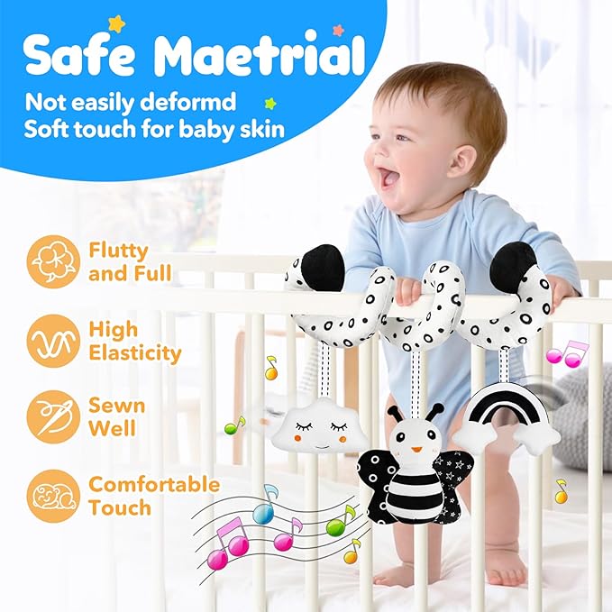 Car Seat Toys for Babies 0-6 Months,Hanging Rattle Toys for Crib Mobile, Baby Spiral Hanging Stroller Black and White High Contrast Toys for Newborn 0 3 6 9 12 Months Baby Boys Girls (Set-1)