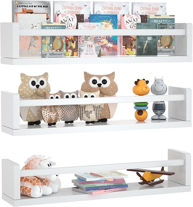 Nursery Floating Shelves for Kids Room, Wall Book Shelves for Kitchen Living Room, Book Shelf Wall Mounted for Baby Kids Bedoom Bathroom (White, 24inch Set 3)