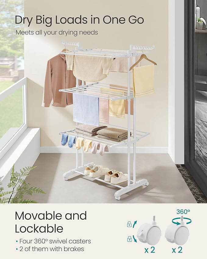 SONGMICS Clothes Drying Rack Stand 4-Tier, Foldable Laundry Drying Rack 68.1-Inch Tall, Stainless Steel, Rolling Clothes Horses Dryer Rack, Easy to Assemble, Indoor Outdoor Use, Cloud White ULLR701W03
