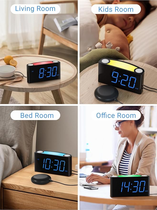 PPLEE Super Loud Alarm Clock for Heavy Sleepers Hearing Impaired Deaf,Vibrating Alarm Clock with Bed Shaker,Big Display Alarm Clock for Bedroom,5 Dimmer,Night Light,USB/Type-C Charger,Power-off Memory