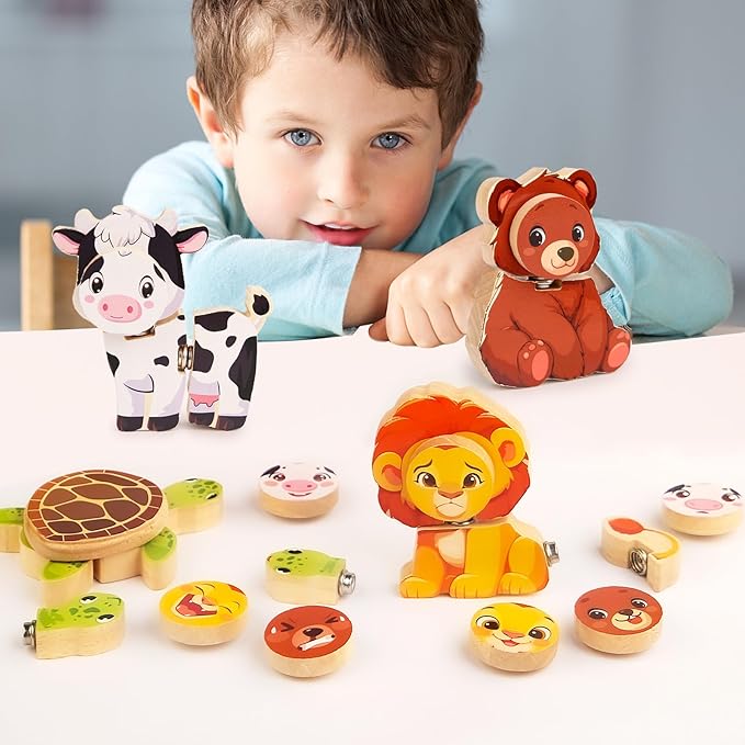 HUZU Animal Snap Wooden Building Blocks – Fun & Educational Puzzle Toy for Kids Aged 3-8, Features Cow, Bear, Lion and Turtle, Matching Game with Interchangeable Animal Faces & Emotions