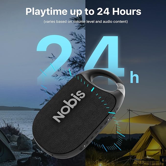 NOBIS Clip N1 Portable Bluetooth Speaker with App, Beat Mode, Up to 24H Playtime, IP68 Waterproof, BT 5.3, HD Sound, Stereo Pairing, Custom EQ, Perfect for Outdoor, Home and Adventure (Black)