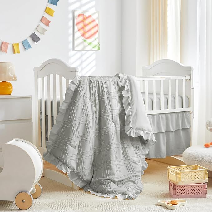 Tufted Ruffle Crib Bedding Set 3 Pieces Baby Girls Boys Boho Quilted Comforter with Fitted Sheet and Bed Skirt - Cute Ruffled Shabby Chic Baby Bedding Soft Blanket Design Light Gray