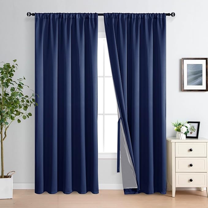 XWZO 100% Blackout Curtains 2 Panels with Tiebacks- Heat and Full Light Blocking Window Panels for Bedroom, 84 Inches Long Rod Pocket Thermal Insulated Draperies, Navy Blue, W70 x L84, Set of 2